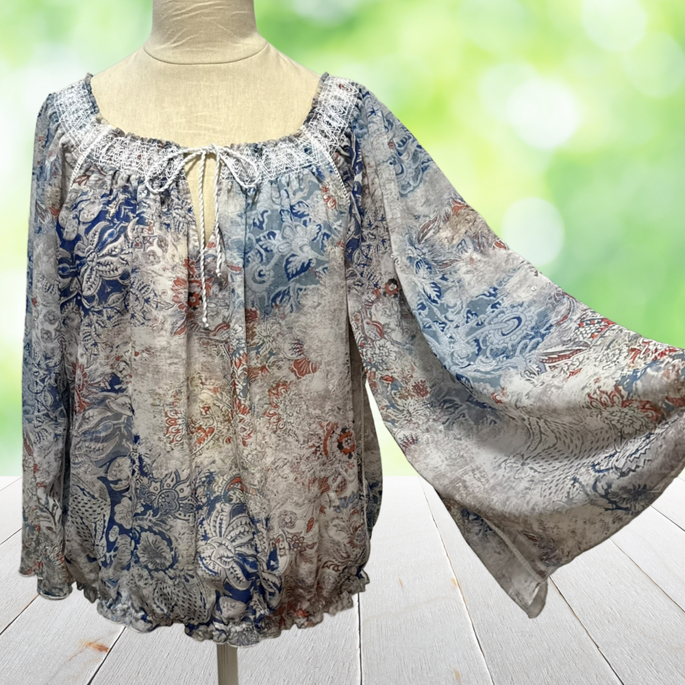 Vintage V CRISTINA Blouse Sheer Watercolor Boho Blouson Kimono Sleeve Size XL